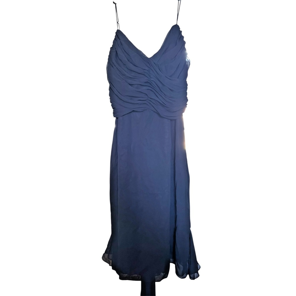 Vera Wang Maids Dress Womens 14 Navy Blue Excellent Ruched Chiffon Midi Sash
